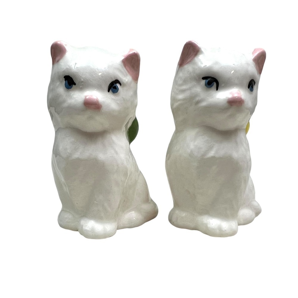 White Cats Kittens with Bow Ceramic Figurines Home Decor 2.5 in High Set of  2